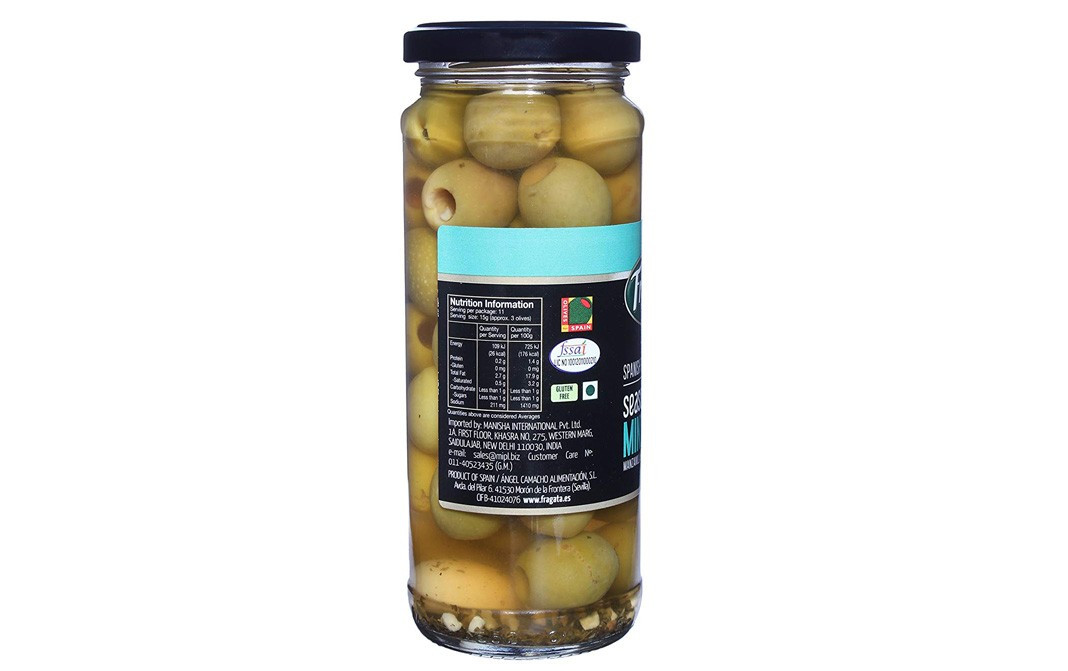 Fragata Spanish Pitted Green Olives, Seasoned with Mint   Glass Jar  330 grams